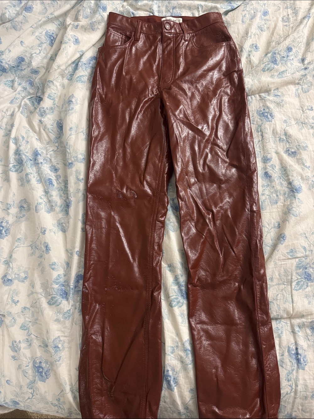 Shiny Faux Leather High-Waist Pants in Deep Burgundy